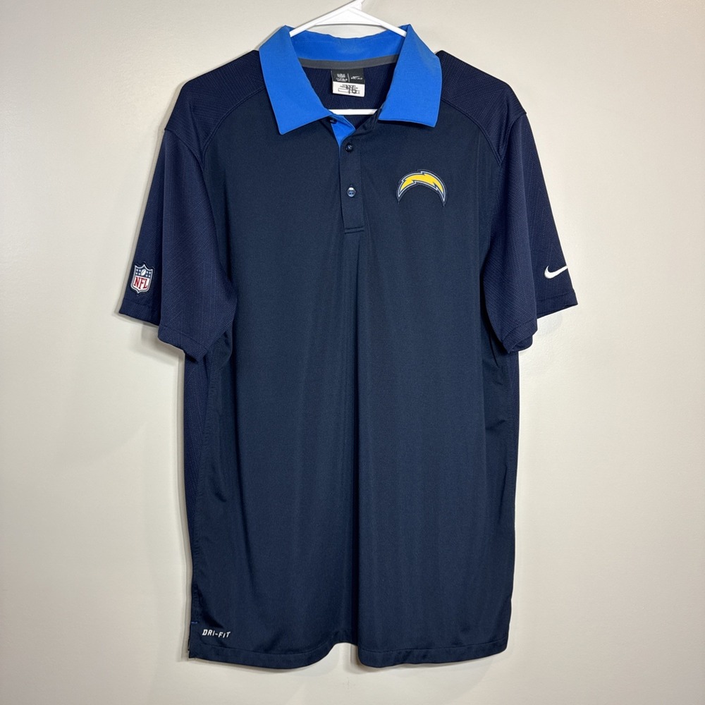Nike Men's Large Los Angeles Chargers Polo Shirt Blue Dri Fit Bolt NFL Football
